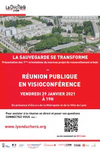 Affiche d'annonce de la réunion publique en visio sur le renouvellement urbain de la Sauvegarde Duchère le 29 janvier 2021