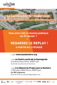 Affiche d'annonce du replay de la réunion publique sur le renouvellement urbain de la Sauvegarde à Lyon la Duchère le 29 janvier 2021