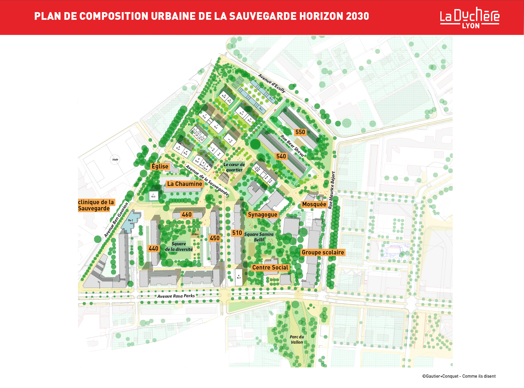 carte présentant le plan de composition urbaine de la Sauvegarde à l'horizon 2030