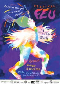 Affiche du festival FEU représentant une chimère colorée avec des comètes.
