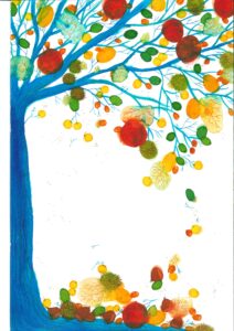 Un arbre bleu avec des jeux de tâches colorées comme des fruits sur les branches