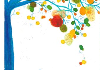 Un arbre bleu avec des jeux de tâches colorées comme des fruits sur les branches