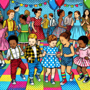 Une salle des fêtes décorée et très colorée et des enfants qui dansent au premier plan de l'image