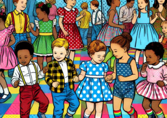 Une salle des fêtes décorée et très colorée et des enfants qui dansent au premier plan de l'image