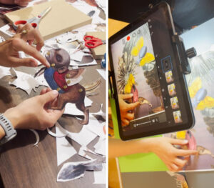 des mains qui découpe des animaux en papier avec une paire de ciseaux et de de l'autre côté des mains tenant une tablette et prenant en photo les images découpées