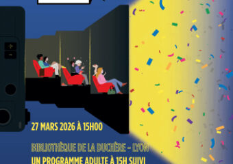 Affiches du festival qui montre des spectateurs assis devant un écran jaune avec une pluie de confettis